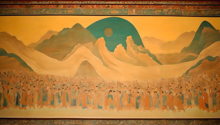 Fresco,Fresco, People, dunhuang murals, mountain, desert, scenery, multiple boys, 6+boys, outdoors, sky, moon