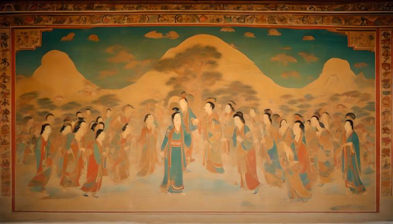 Fresco,Fresco, People, dunhuang murals, long hair, mountain, 6+girls, cloud, black hair, sky, multiple girls