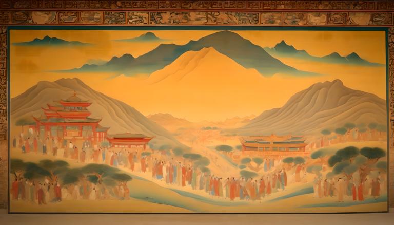 Affresco,Affresco, Persone, murales di dunhuang, montagna, scenario, architettura, albero