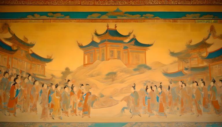 Fresco,Fresco, People, dunhuang murals, east asian architecture, architecture, 6+boys, multiple girls