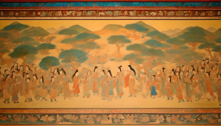 Fresco,Fresco, People, dunhuang murals, mountain, multiple girls, 6+girls, long hair, multiple boys