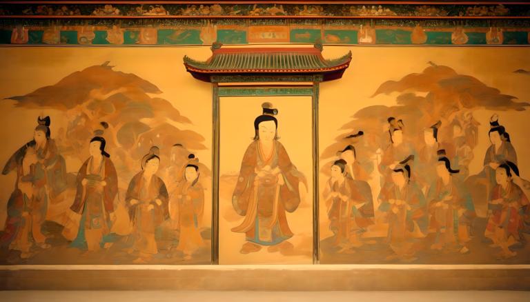 Fresco,Fresco, People, dunhuang murals, walking, topknot, east asian architecture, architecture