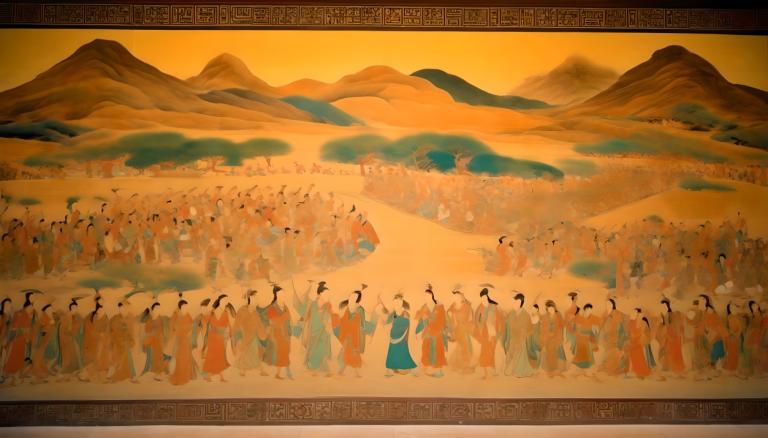 Fresco,Fresco, People, dunhuang murals, mountain, 6+boys, scenery, multiple boys, 1girl, dress, 6+girls