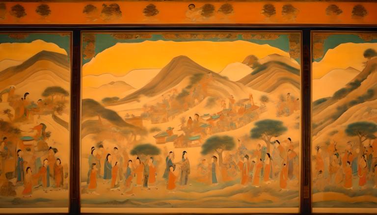 Fresque,Fresque, Personnes, peintures murales de Dunhuang, montagne, plusieurs filles, oiseau, 6+filles