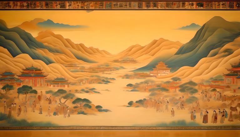 Fresco,Fresco, People, dunhuang murals, mountain, scenery, architecture, east asian architecture, sunset