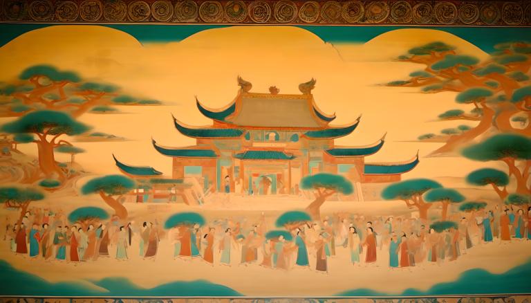 Fresco,Fresco, People, dunhuang murals, tree, architecture, east asian architecture, outdoors