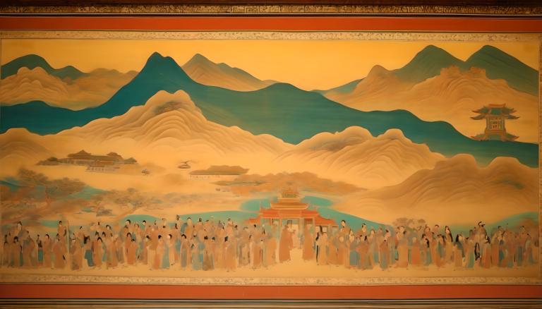 Fresco,Fresco, People, dunhuang murals, east asian architecture, architecture, mountain, pagoda, 6+boys