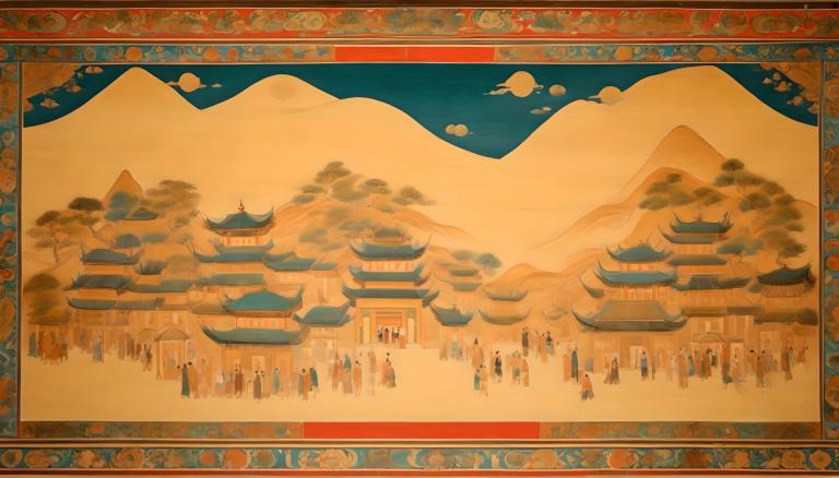 Fresko,Fresko, Menschen, Wandgemälde aus Dunhuang, Berg, Wolke, Himmel, Baum, draußen, Natur, Landschaft