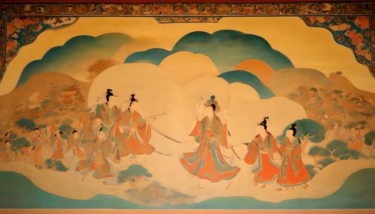 Fresko,Fresko, Menschen, Wandgemälde aus Dunhuang, Waffe, halten, weite Ärmel, lange Ärmel, mehrere Mädchen