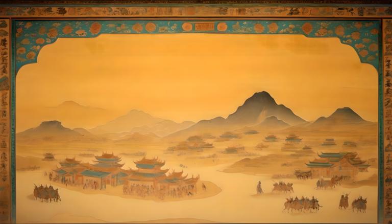 Fresco,Fresco, People, dunhuang murals, mountain, horse, scenery, tree, outdoors, sky, sunset, desert, cloud