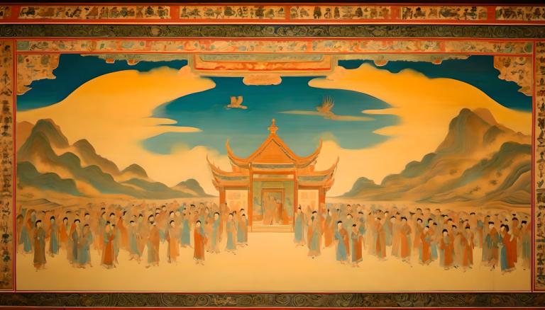 lukisan dinding,lukisan dinding, Rakyat, mural dunhuang, Arsitektur, gunung, arsitektur Asia Timur, langit