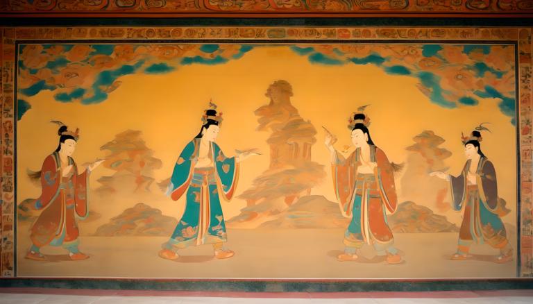 Fresco,Fresco, People, dunhuang murals, wide sleeves, black hair, multiple boys, long sleeves, male focus