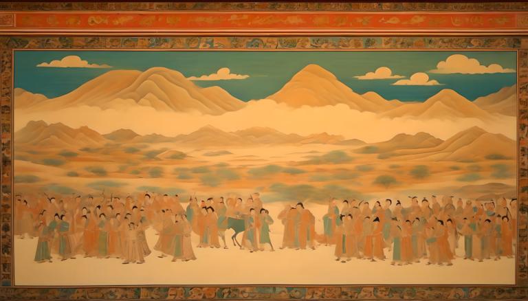 Fresko,Fresko, Menschen, Wandgemälde aus Dunhuang, Berg, Himmel, Wolke, draußen, 6+Jungen, Landschaft