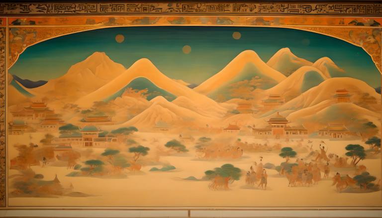 Fresco,Fresco, People, dunhuang murals, mountain, scenery, sky, tree, outdoors, architecture, desert, sun