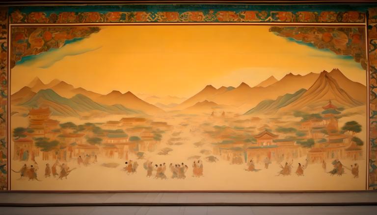 Fresko,Fresko, Menschen, Wandgemälde aus Dunhuang, Berg, Baum, Sonnenuntergang, Landschaft, draußen, Pferd