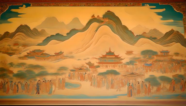 Fresk,Fresk, İnsanlar, Dunhuang duvar resimleri, mimari, dağ, manzara, doğu asya mimarisi, ağaç, bulut