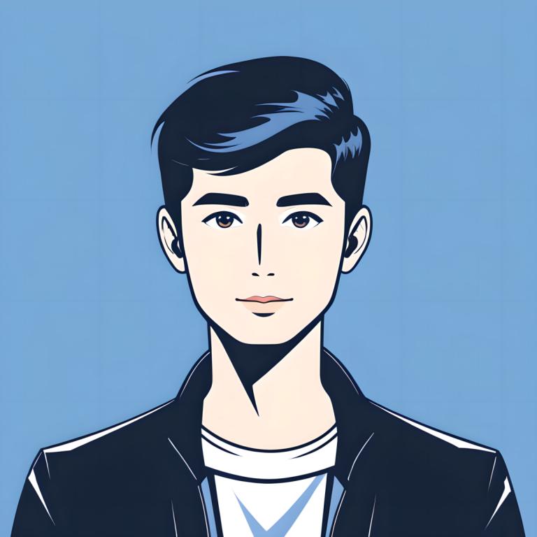 Illustration,Illustration, People, man, solo, 1boy, black hair, shirt, male focus, blue background