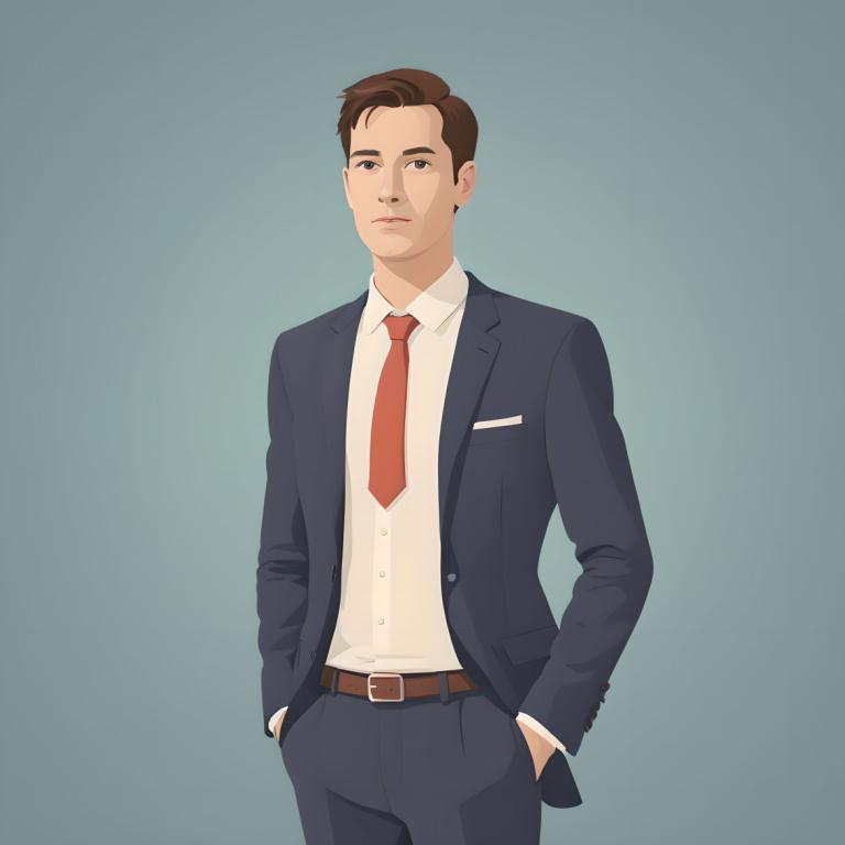 Illustration,Illustration, People, man, 1boy, formal, necktie, male focus, solo, suit, brown hair, belt