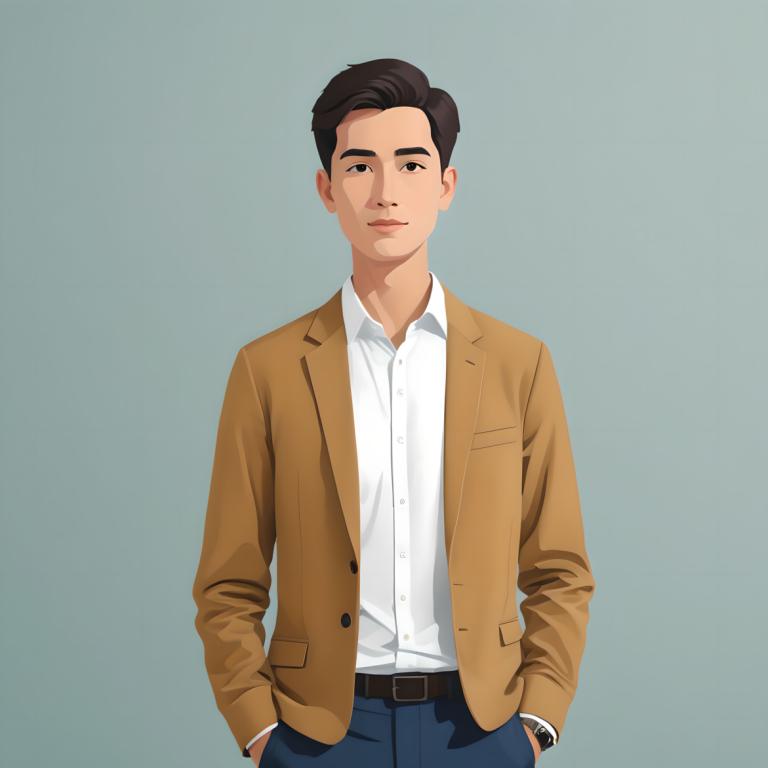 Illustration,Illustration, People, man, 1boy, solo, male focus, shirt, brown jacket, pants, belt, white shirt