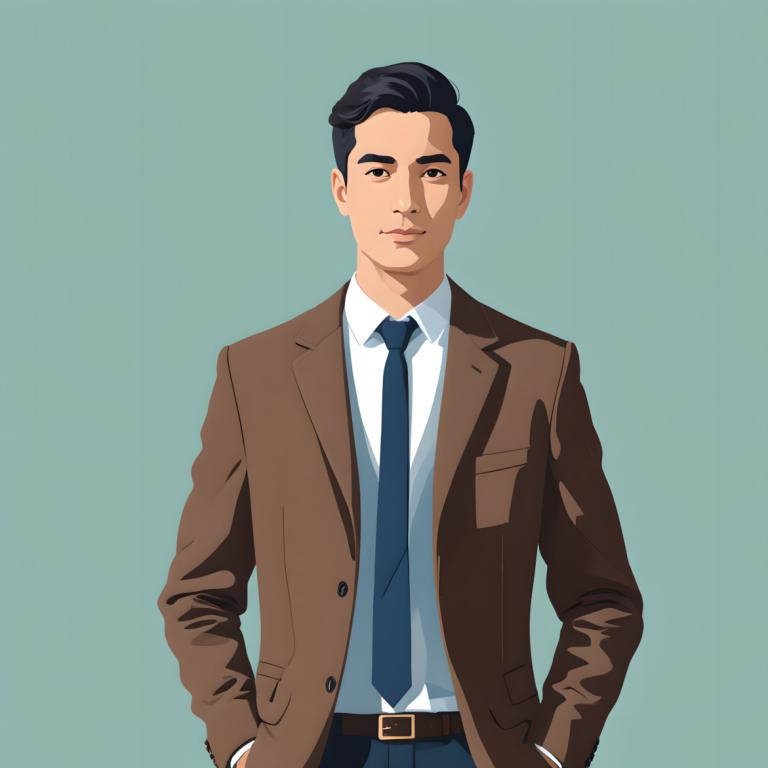 Illustration,Illustration, People, man, 1boy, necktie, solo, male focus, black hair, shirt, brown jacket