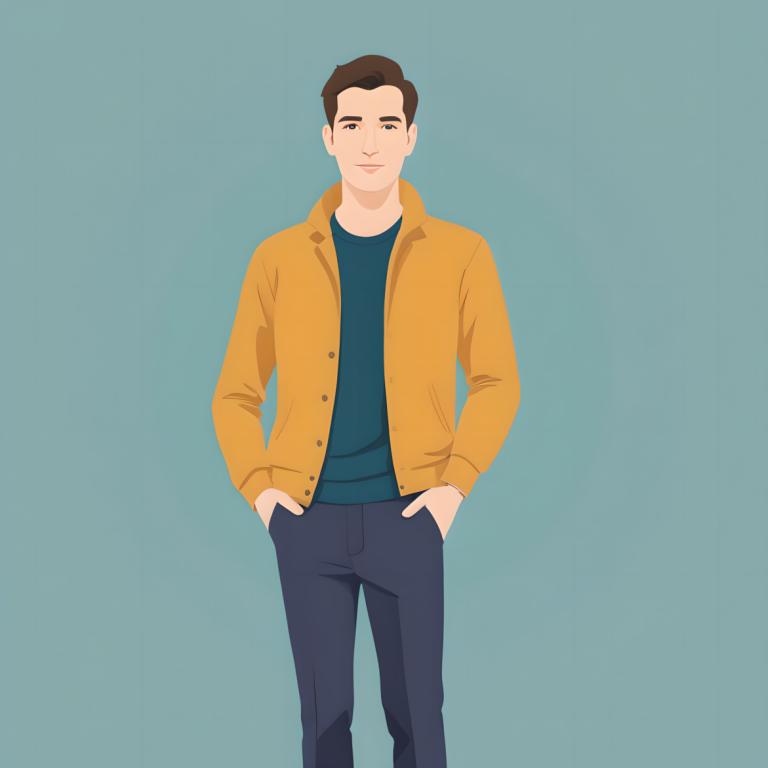 Illustration,Illustration, People, man, solo, 1boy, male focus, brown hair, pants, shirt, jacket, blue shirt