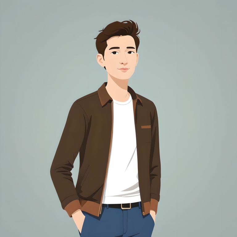 Illustration,Illustration, People, man, solo, 1boy, male focus, brown hair, jacket, belt, pants, shirt