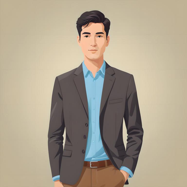 Illustration,Illustration, People, man, 1boy, solo, male focus, shirt, belt, black hair, blue shirt, pants