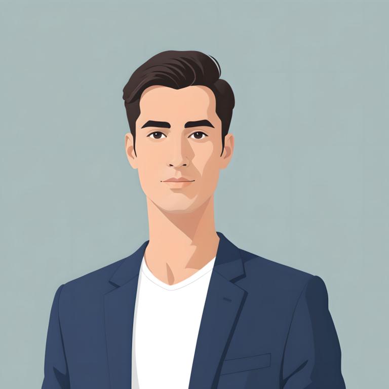 Háttér eltávolítása, Illustration, People, man, solo, 1boy, shirt, male focus, white shirt, simple background, jacket, blue jacket, upper body, looking at viewer, brown hair, grey background, black eyes, short hair, brown eyes