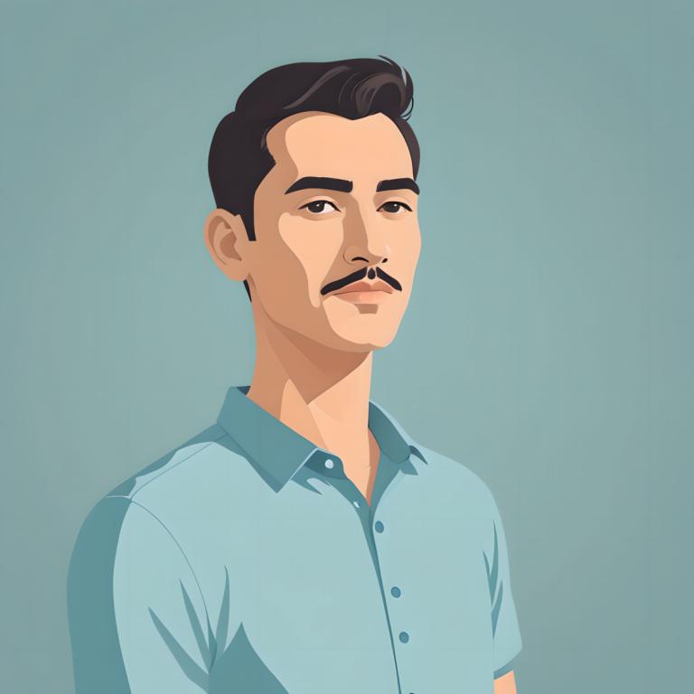 Illustration,Illustration, People, man, 1boy, male focus, solo, shirt, mustache, blue shirt, facial hair