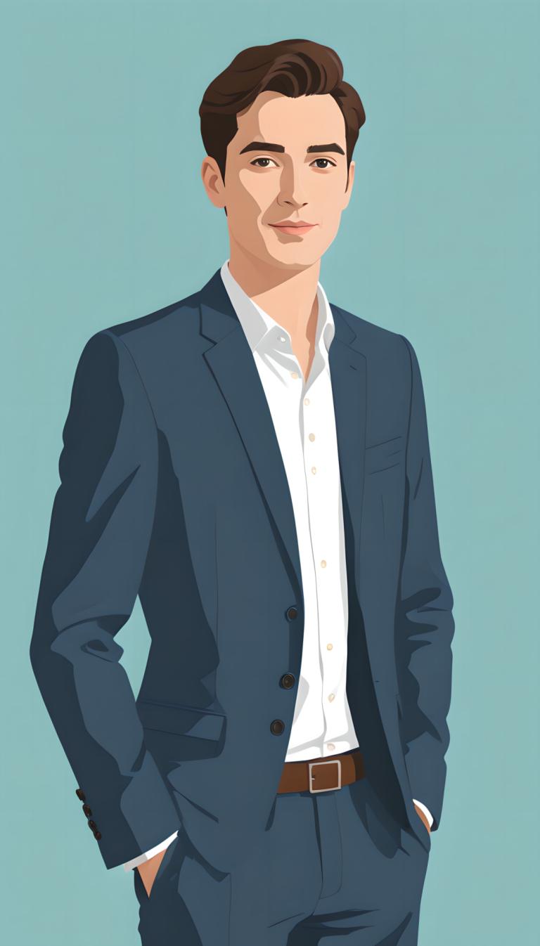 Háttér eltávolítása, Illustration, People, man, solo, 1boy, male focus, brown hair, formal, suit, belt, shirt, hands in pockets, pants, simple background, white shirt, looking at viewer, brown eyes, jacket, smile, blue jacket, blue background, cowboy shot, collared shirt