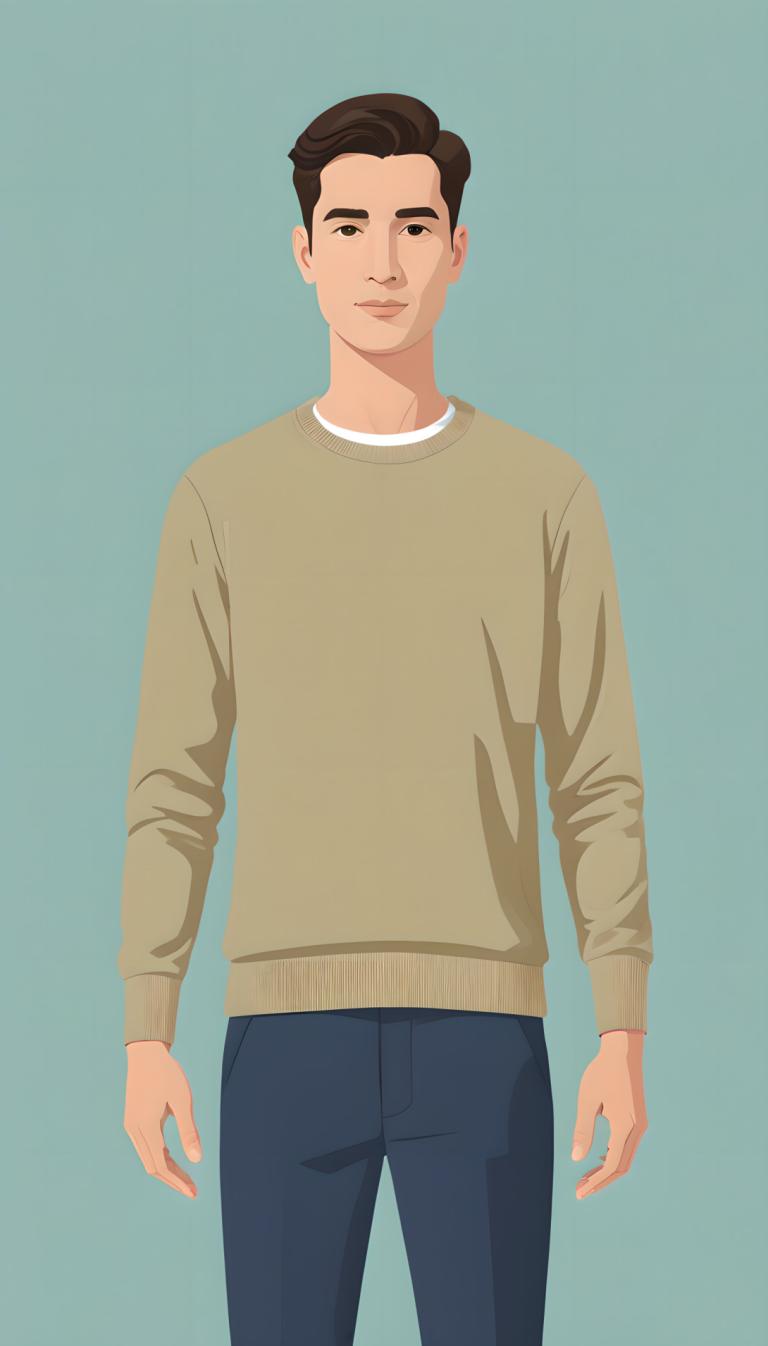 Illustration,Illustration, People, man, solo, 1boy, male focus, pants, brown hair, simple background, sweater