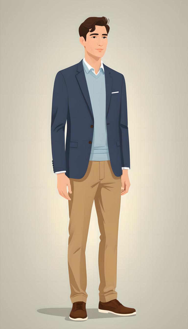 Háttér eltávolítása, Illustration, People, man, 1boy, solo, male focus, brown footwear, shirt, jacket, pants, brown hair, brown pants, standing, full body, arms at sides, shoes, collared shirt, blue shirt, simple background, long sleeves, black eyes, looking at viewer, blue jacket, open jacket