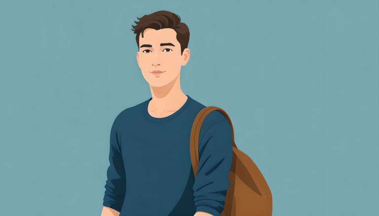 Illustration,Illustration, People, man, solo, 1boy, male focus, brown hair, simple background, bag, shirt