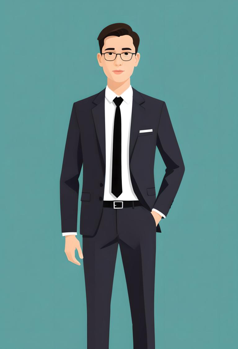 Illustration,Illustration, People, man, solo, 1boy, necktie, male focus, glasses, shirt, hand in pocket