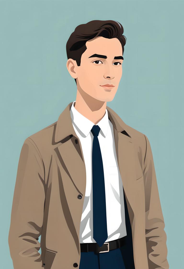 Remove Background, Illustration, People, man, 1boy, solo, male focus, necktie, shirt, white shirt, belt, simple background, pants, brown hair, blue pants, collared shirt, blue necktie, brown coat, jacket, black eyes, brown jacket, looking at viewer, shirt tucked in, coat, black hair