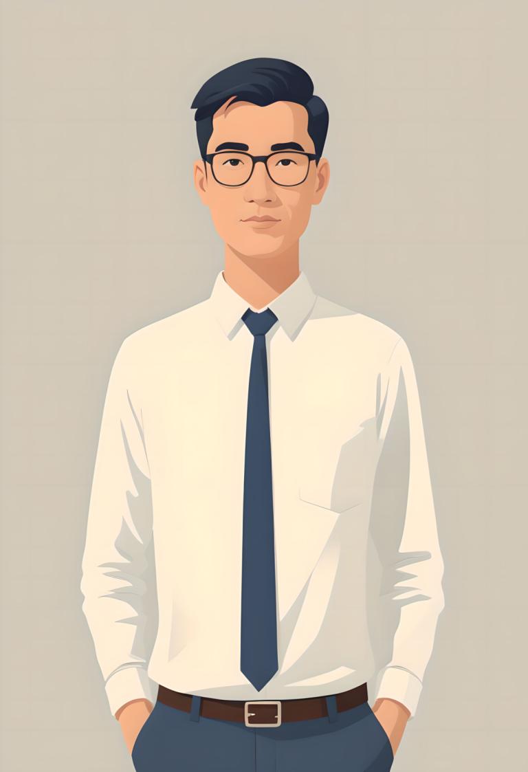 Illustration,Illustration, People, man, 1boy, male focus, glasses, necktie, solo, belt, black hair, shirt