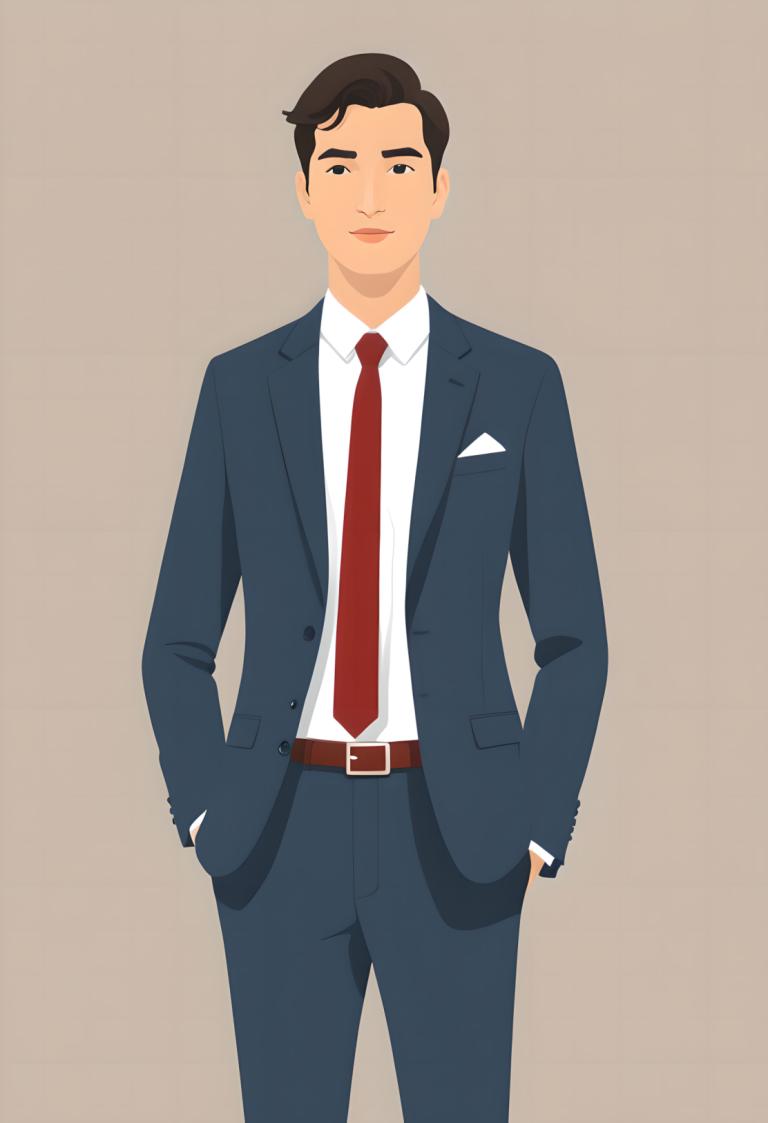 Háttér eltávolítása, Illustration, People, man, 1boy, solo, necktie, male focus, formal, suit, red necktie, hands in pockets, simple background, belt, black hair, shirt, black eyes, pants, jacket, white shirt