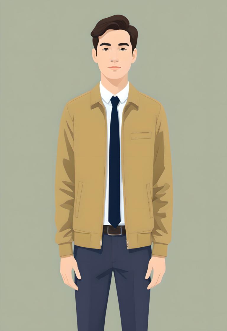 Illustration,Illustration, People, man, solo, 1boy, necktie, male focus, brown jacket, shirt, pants, belt