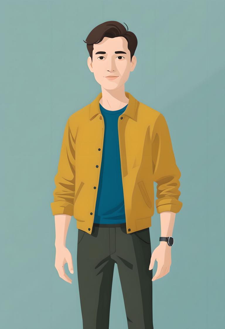 Remove Background, Illustration, People, man, solo, 1boy, blue shirt, shirt, male focus, pants, watch, grey pants, wristwatch, simple background, jacket, brown hair, short hair, yellow jacket, looking at viewer, standing, cowboy shot, yellow shirt, aqua background