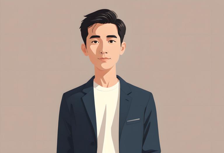 Háttér eltávolítása, Illustration, People, man, 1boy, solo, male focus, black hair, shirt, simple background, white shirt, jacket, brown background, upper body, black jacket, black eyes, tan background, short hair, blue jacket, smile