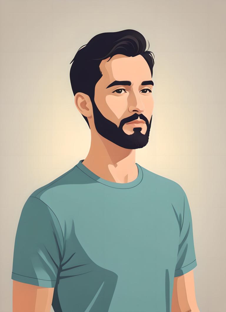 Remove Background, Illustration, People, man, 1boy, facial hair, male focus, solo, shirt, black hair, beard, blue shirt, mustache, upper body, aqua shirt, black eyes, short sleeves, simple background, looking at viewer, green shirt, t-shirt, short hair