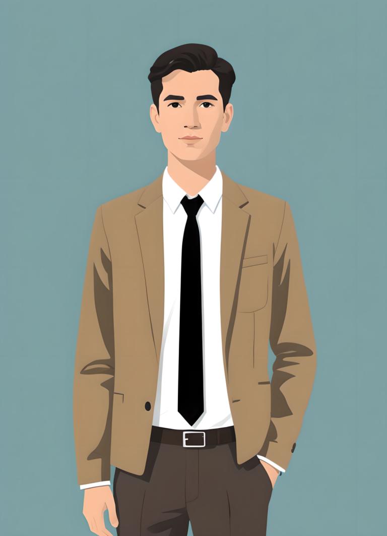 Illustration,Illustration, People, man, 1boy, solo, male focus, necktie, shirt, jacket, belt, pants