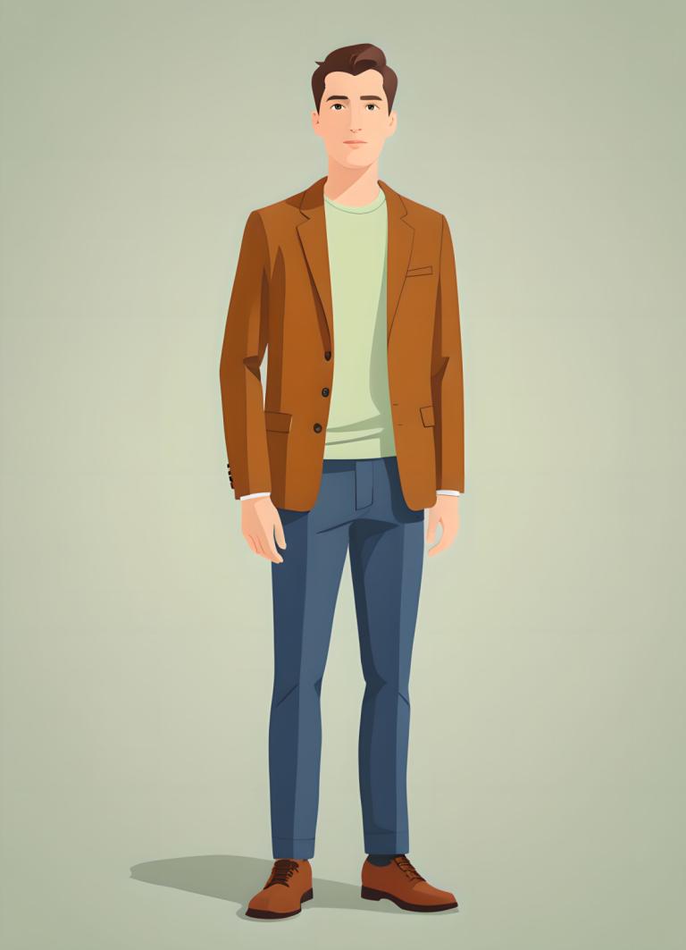 Illustration,Illustration, People, man, solo, 1boy, brown footwear, male focus, brown hair, pants, shirt