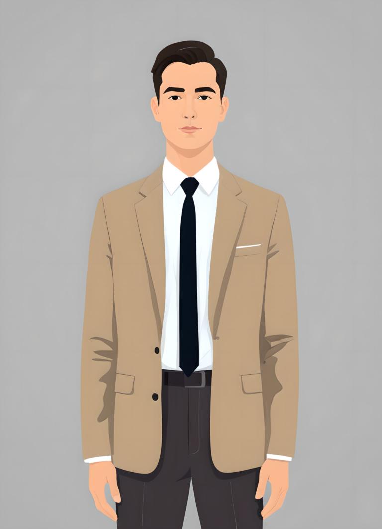 Illustration,Illustration, People, man, 1boy, solo, male focus, necktie, shirt, pants, white shirt, jacket