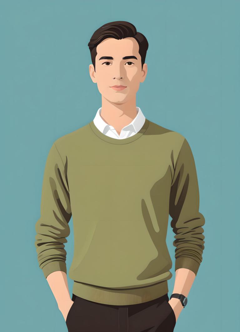 Illustration,Illustration, People, man, solo, 1boy, shirt, simple background, male focus, watch, pants