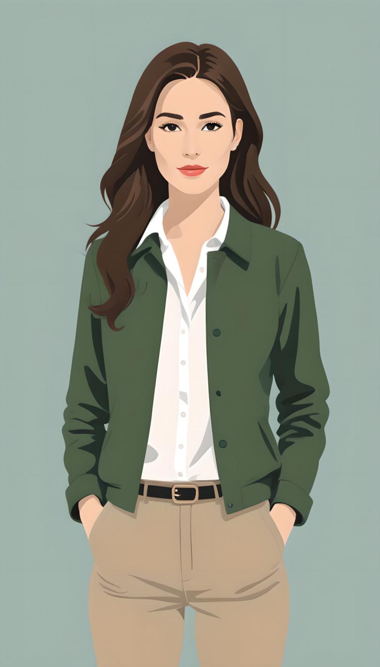 Illustration,Illustration, People, woman, 1girl, solo, brown hair, shirt, long hair, pants, white shirt, belt