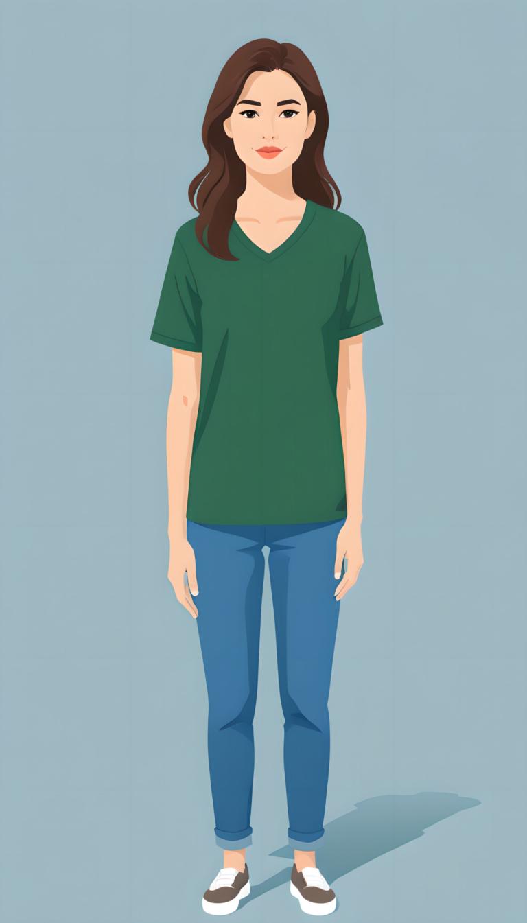 Illustration,Illustration, People, woman, 1girl, solo, shirt, brown hair, green shirt, pants, standing