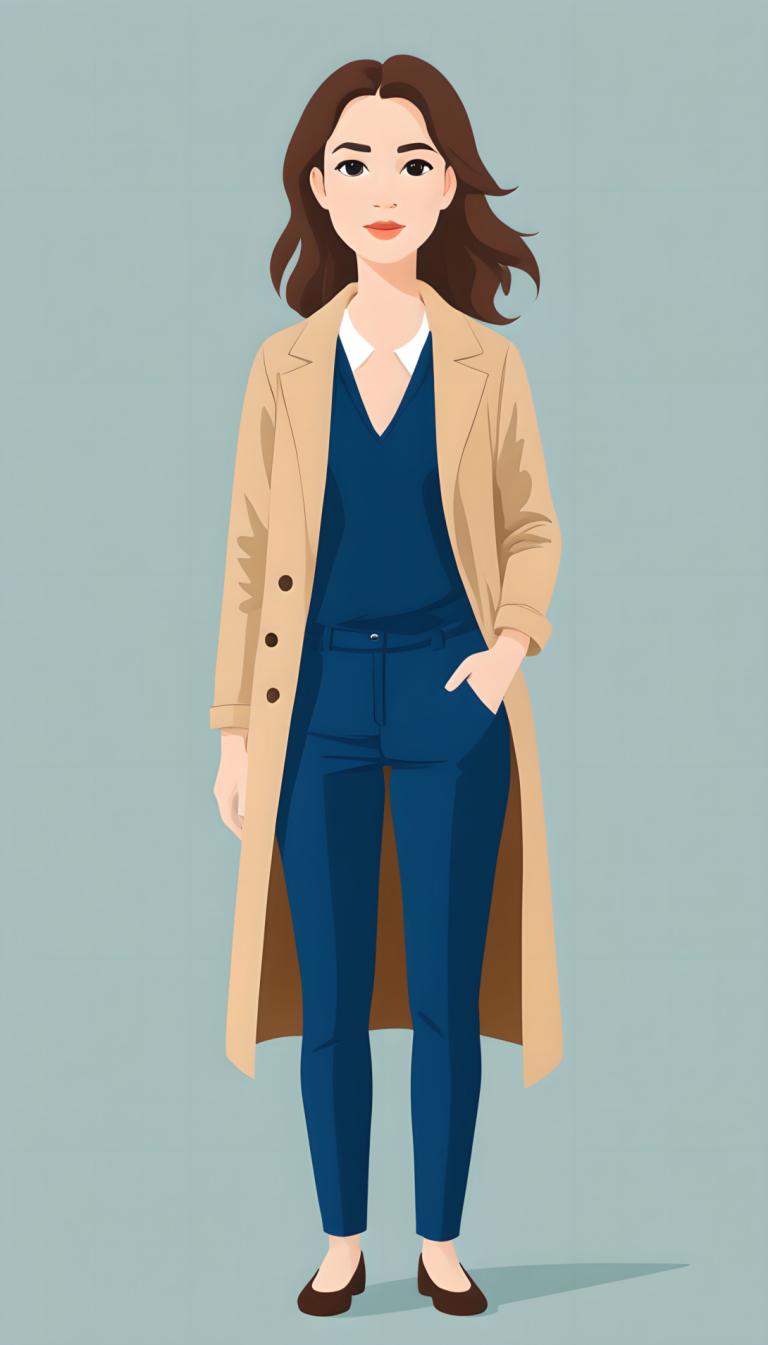 Remove Background, Illustration, People, woman, 1girl, solo, brown hair, pants, coat, full body, shirt, standing, blue pants, looking at viewer, simple background, brown coat, hand in pocket, long hair, brown eyes, lips, shoes, grey background, black eyes, long sleeves, open coat, shadow, white shirt, lipstick, brown footwear, makeup, red lips, jeans, blue shirt