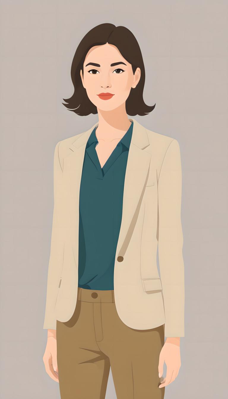 Illustration,Illustration, People, woman, 1girl, solo, shirt, brown pants, blue shirt, pants, jacket