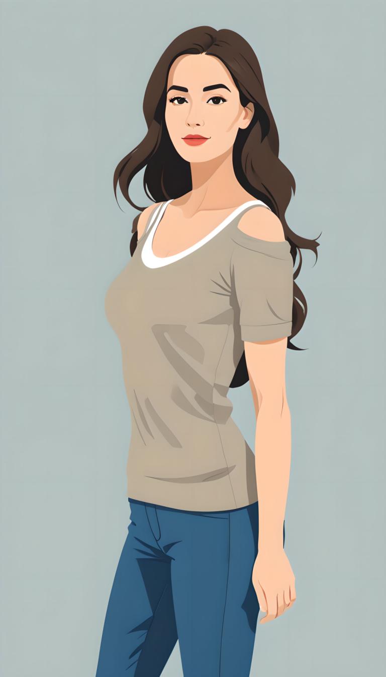 Illustration,Illustration, People, woman, 1girl, solo, long hair, brown hair, pants, shirt, jeans